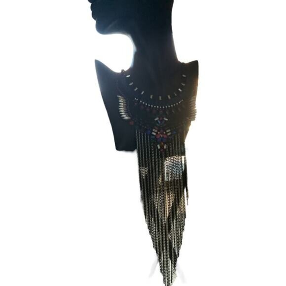 Bold Statement Multicolor Jewel & Chain Fringe Necklace - Picture 3 of 4